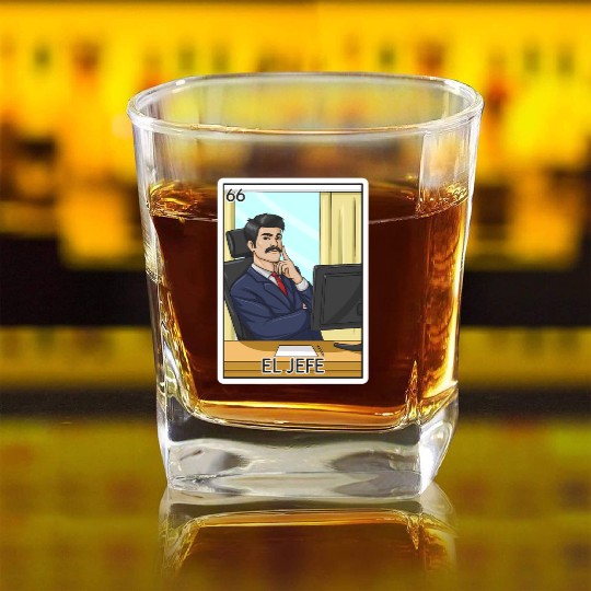 El Jefe The Boss Card Mecan Lottery The Chief Square Whiskey Glasses