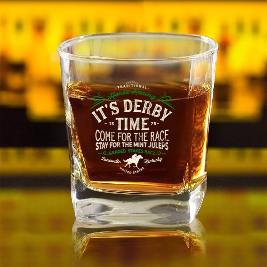 Derby Time Louisville Kentucky Horse Racing Square Whiskey Glasses