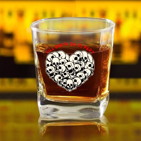 Till Death Do Us Part Skulls Heart ©WhiteTigerLLC Square Whiskey Glasses