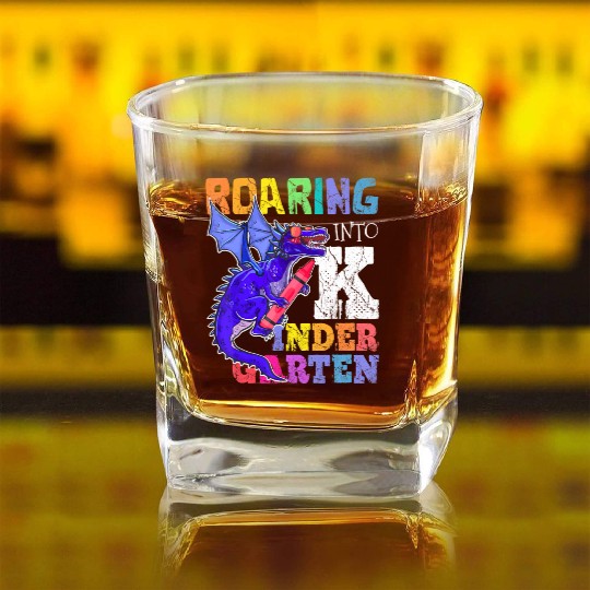 Roaring into Kindergarten Dragon Back to School Square Whiskey Glasses