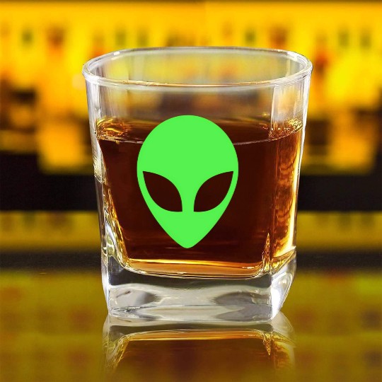 Green Alien Head 90S Style Square Whiskey Glasses