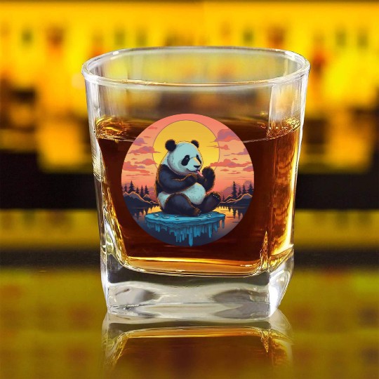 Cute Panda on Ice Floe with Sweets - Sunset Square Whiskey Glasses