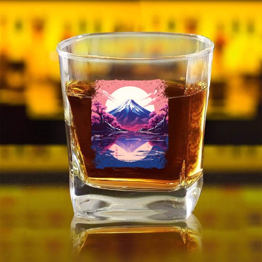 Vaporwave Aesthetic Japan Sight Mount Fuji Volcano Square Whiskey Glasses