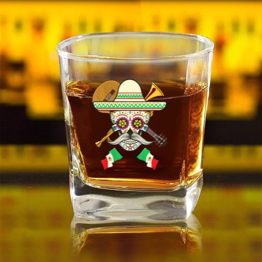 Sugar Skull Guitar & Sombrero Mexican Fiesta Square Whiskey Glasses