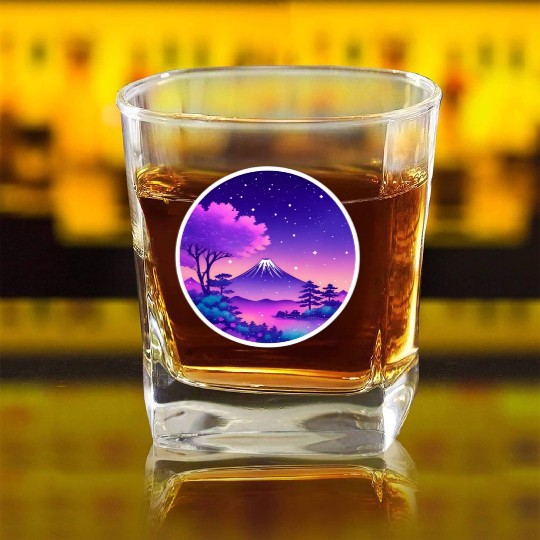 Japan Mount Fuji Night Sky Lo-Fi Art Retro Purple Square Whiskey Glasses