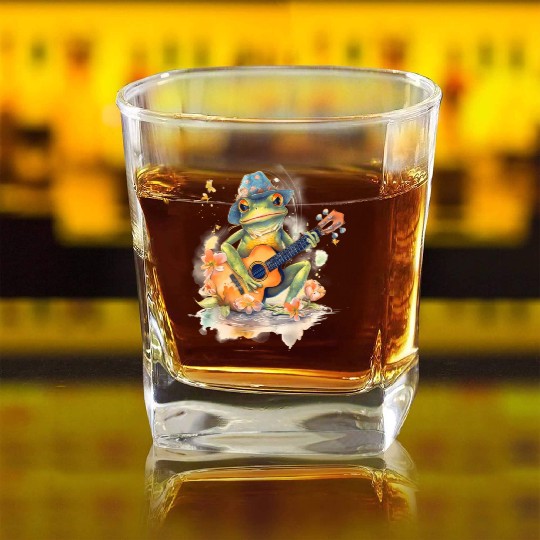 Cottagecore Aesthetic Frog Playing Banjo Guitar Square Whiskey Glasses