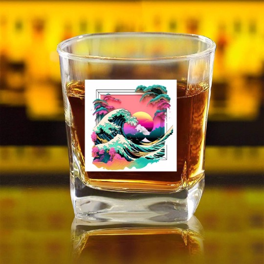 Vaperwave Aesthetic Glitch Great Wave Retrowave Square Whiskey Glasses
