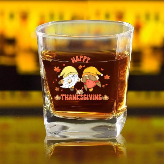 Happy Thanksgiving Gnomes Pumpkin Autumn Leaves Square Whiskey Glasses