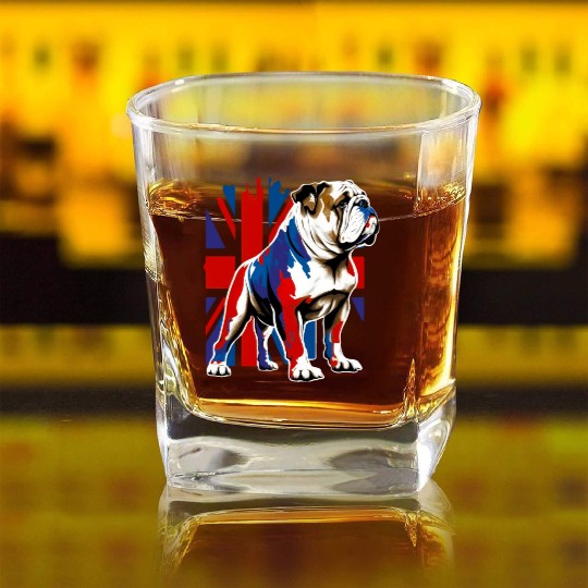 British Bulldog With Union Jack Flag King Charles Square Whiskey Glasses