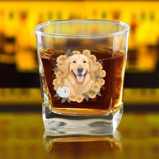 Dog Wo Golden Retriever Flower Print Floral Square Whiskey Glasses