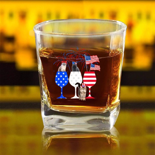 Cat 4Th Of July Red White Blue Wine Square Whiskey Glasses