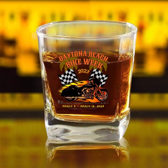 Daytona Beach Bike Week 2023 Checkered Flag Front Square Whiskey Glasses