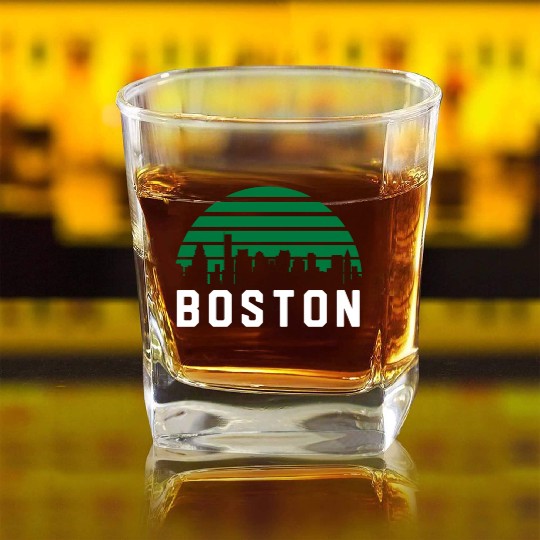 Boston Massachusetts Cityscape Green Square Whiskey Glasses
