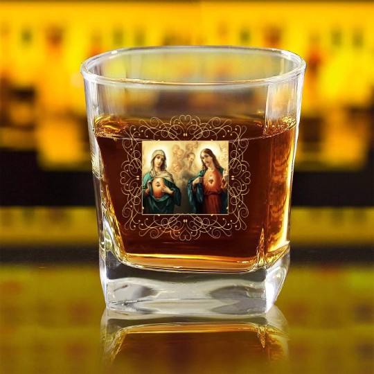 Sacred Heart and Immaculate Heart Picture Jesus an Square Whiskey Glasses