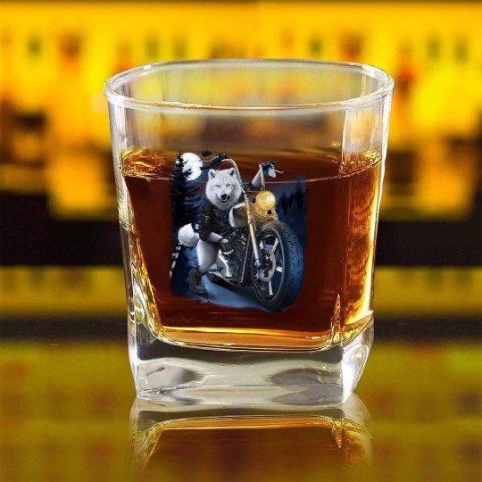 Wolf Riding Chopper Motorcycle In Full Moon Square Whiskey Glasses