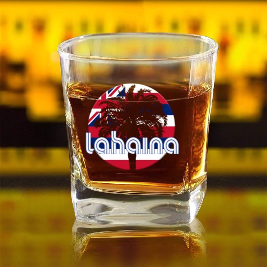 Lahaina Maui Hawaii Hawaiian Flag Native Palm Tree Square Whiskey Glasses