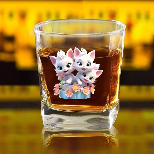 Cute Kittens 3D Ai Art Square Whiskey Glasses