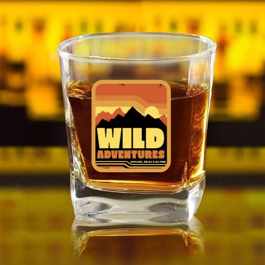 Retro Sunset Mountains, Wild Adventure, Explore Vi Square Whiskey Glasses