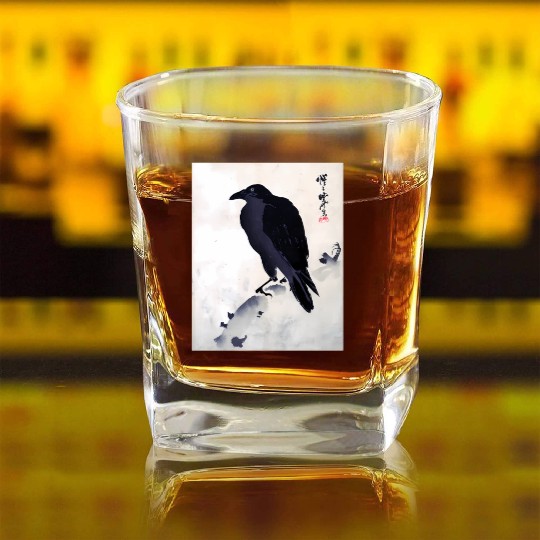Japanese Japanese Woodblock Print Crow Kyosai Square Whiskey Glasses