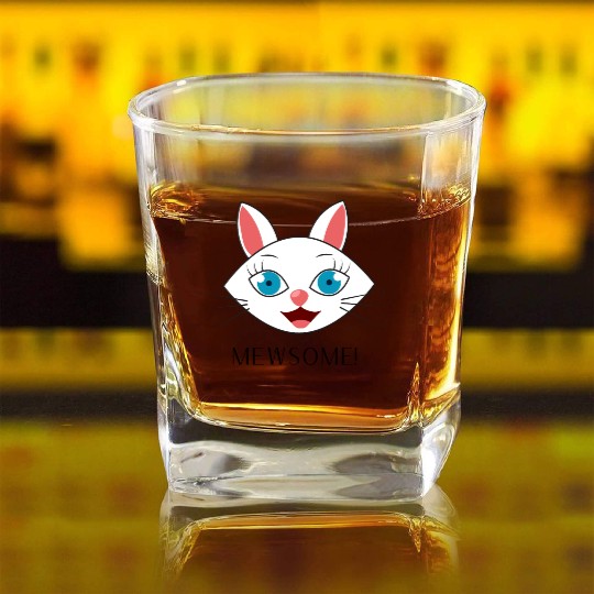 Mewsome White Cat Face Square Whiskey Glasses
