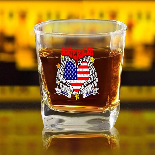 America Sweet Heart Skeleton Hands Heart Flag 4th Square Whiskey Glasses