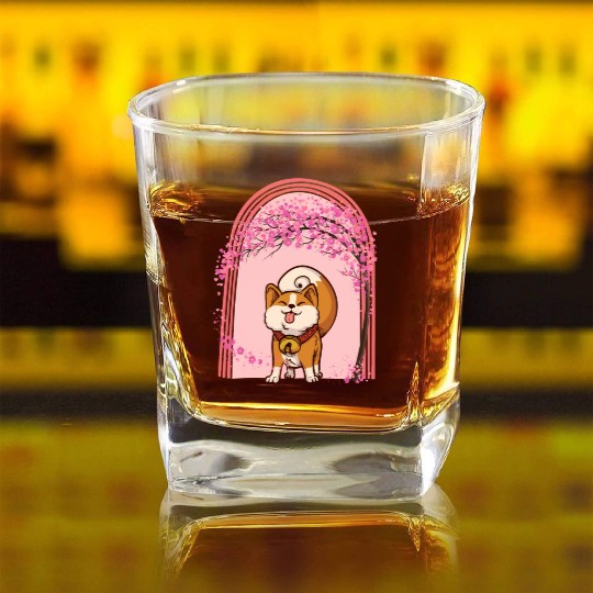 Cherry Blossom Square Whiskey Glasses, Shiba Inu Dog Sakura Kawaii