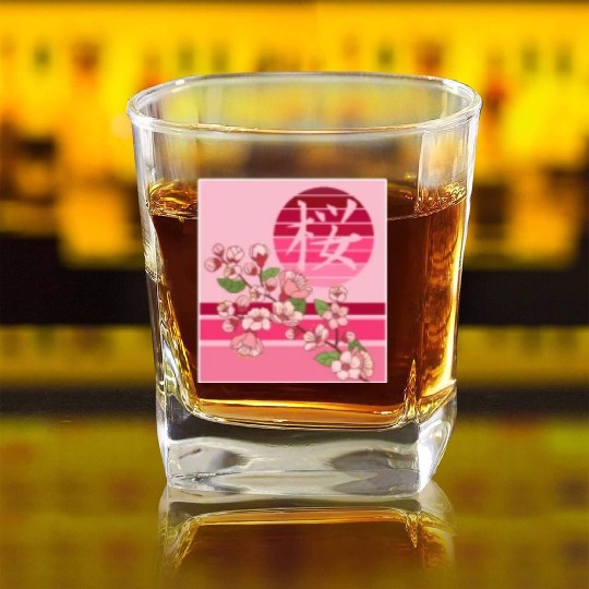 Cherry Blossom Square Whiskey Glasses, Sakura Flowers Kanji Pocket