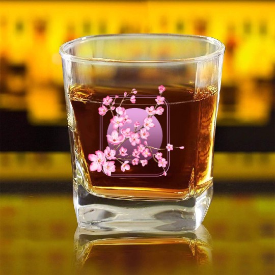 Cherry Blossom Square Whiskey Glasses, Pink Sakura Kawaii