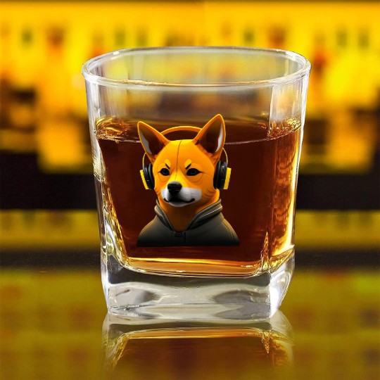 Running Shiba Inu with Headphones, Athletic Dog Square Whiskey Glasses
