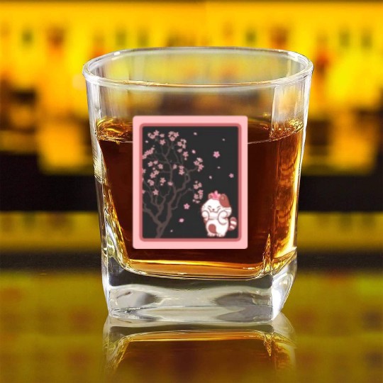 Cherry Blossom Square Whiskey Glasses, Kawaii Cat Cherry Blossom