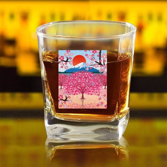 Sunset Sakura Mountains Gift Cherry Blossoms Square Whiskey Glasses