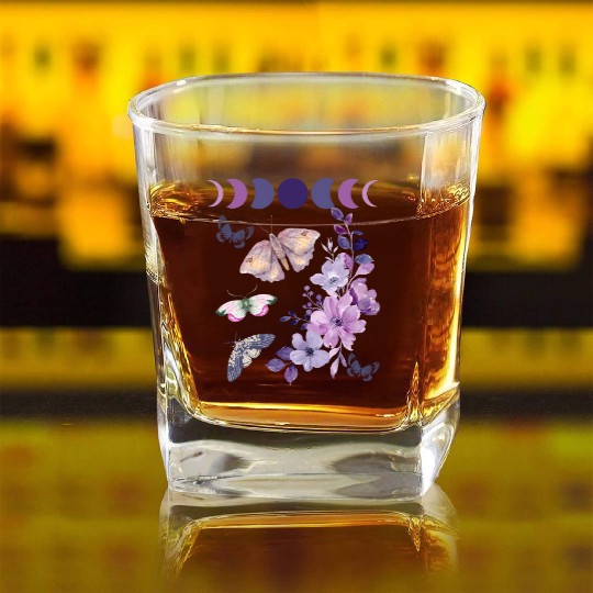 Violet Purple Moon Moth Flower Square Whiskey Glasses