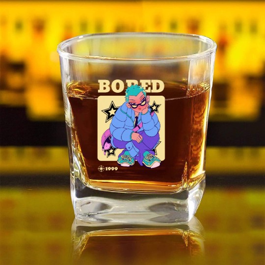 Black Cream Blue Y2K Anime Illustrated Bored Square Whiskey Glasses