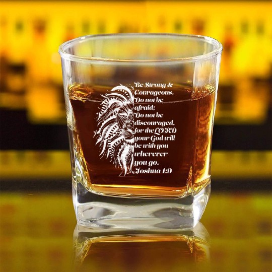 Christian Lion Joshua 19 Be Strong, Courageous Bib Square Whiskey Glasses