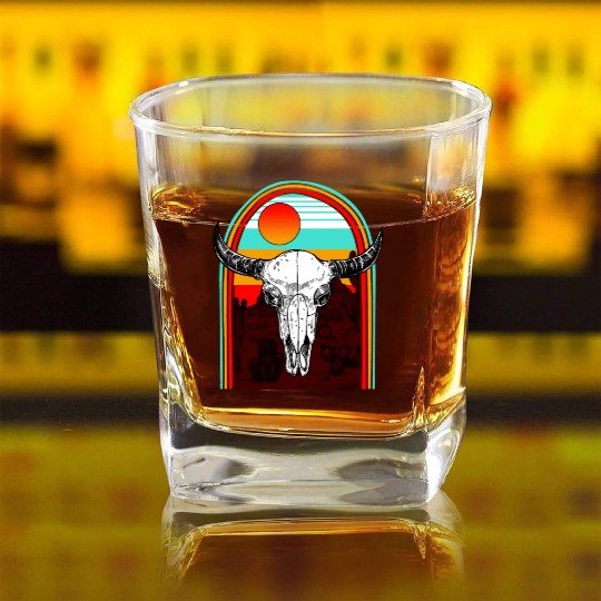 Cow Square Whiskey Glasses, Cow Skulls Hippie Aztec Square Whiskey Glasses, Cow Fan