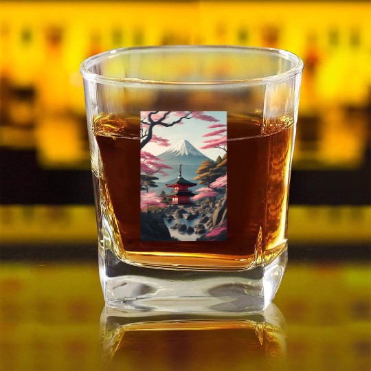 Asia Landscape Serene Mount Fuji Square Whiskey Glasses