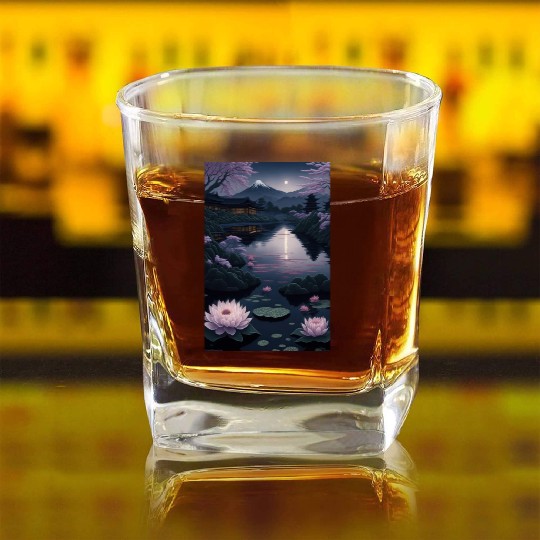 Asia Landscape by night Serene Mount Fuji Square Whiskey Glasses