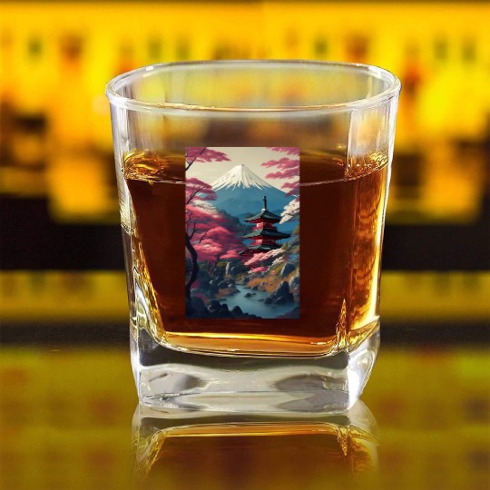Asia Landscape Serene Mount Fuji Square Whiskey Glasses