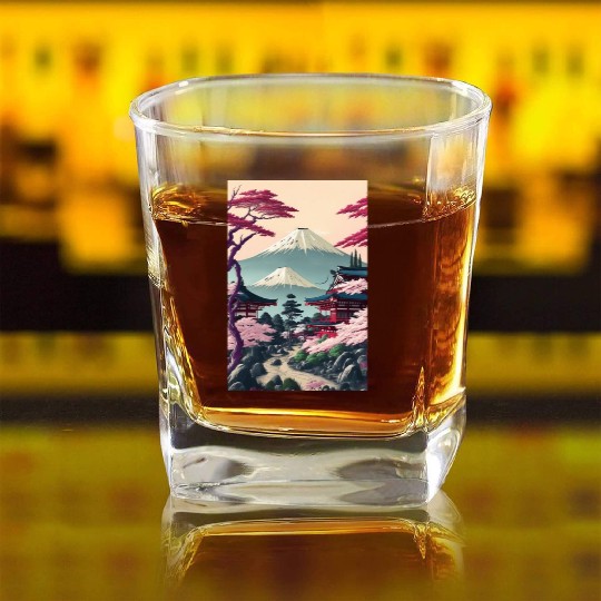 Asia Landscape Serene Mount Fuji Square Whiskey Glasses