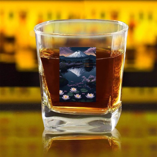 Asia Landscape by night Serene Mount Fuji Square Whiskey Glasses