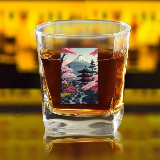 Asia Landscape Serene Mount Fuji Square Whiskey Glasses