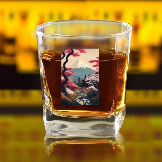 Asia Landscape Serene Mount Fuji Square Whiskey Glasses