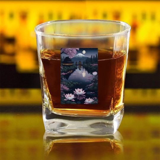 Asia Landscape by night Serene Mount Fuji Square Whiskey Glasses