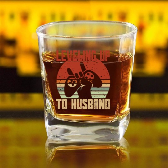 Retro Leveling Up To Husband Est 2023 Promoted Square Whiskey Glasses