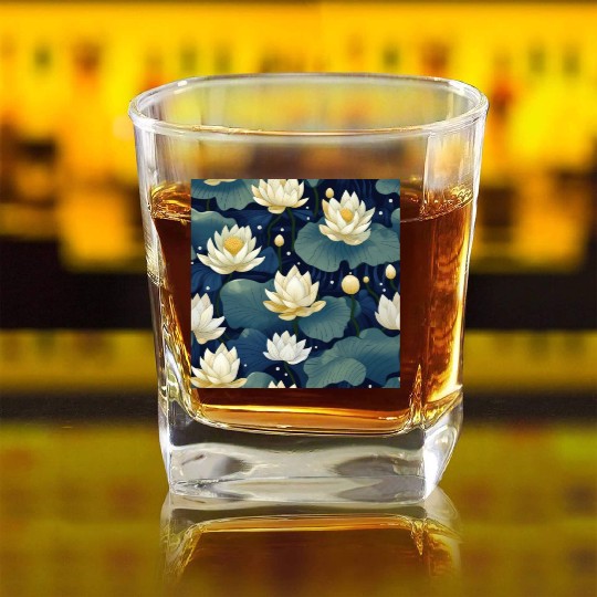 Serenity Blooms: Timeless Lotus Pattern Square Whiskey Glasses