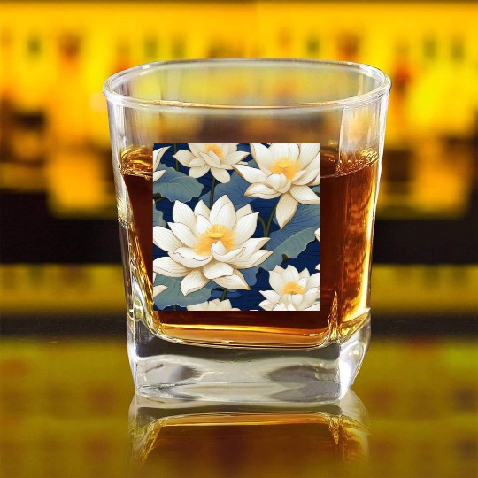 Serenity Blooms: Timeless Lotus Pattern Square Whiskey Glasses