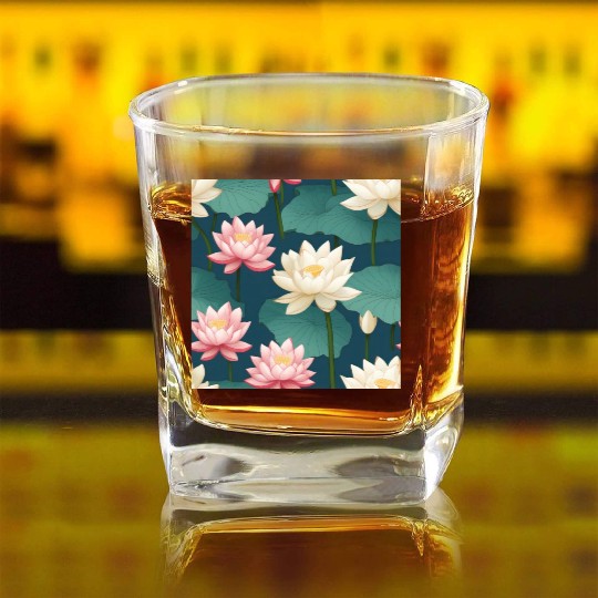 Serenity Blooms: Timeless Lotus Pattern Square Whiskey Glasses