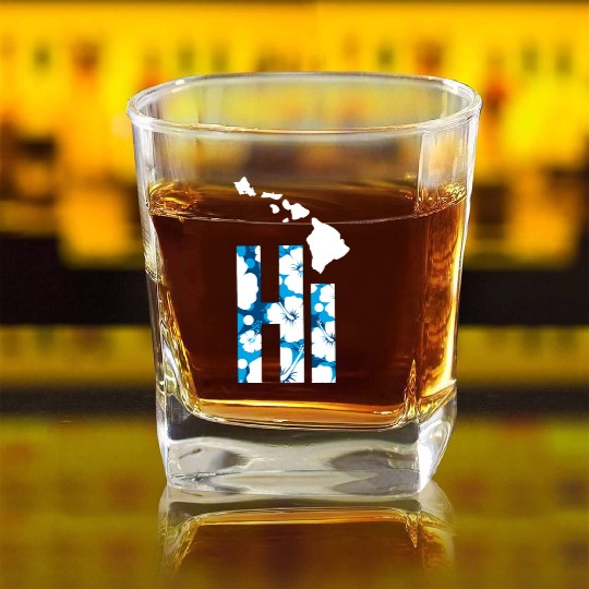 Hawaii Hi Hibiscus Blues Square Whiskey Glasses