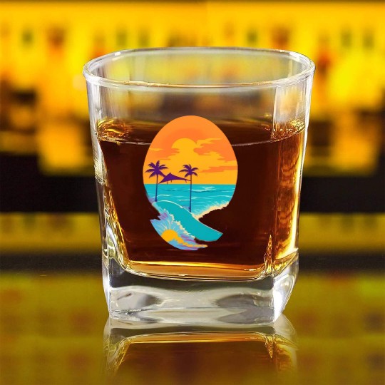 Golden Horizon: Serene Sunset & Surfing Paradise Square Whiskey Glasses