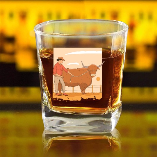 Farmer With Highland Cow Square Whiskey Glasses
